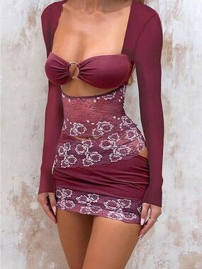 Women's Burgundy Lace Cutout Mini Dress